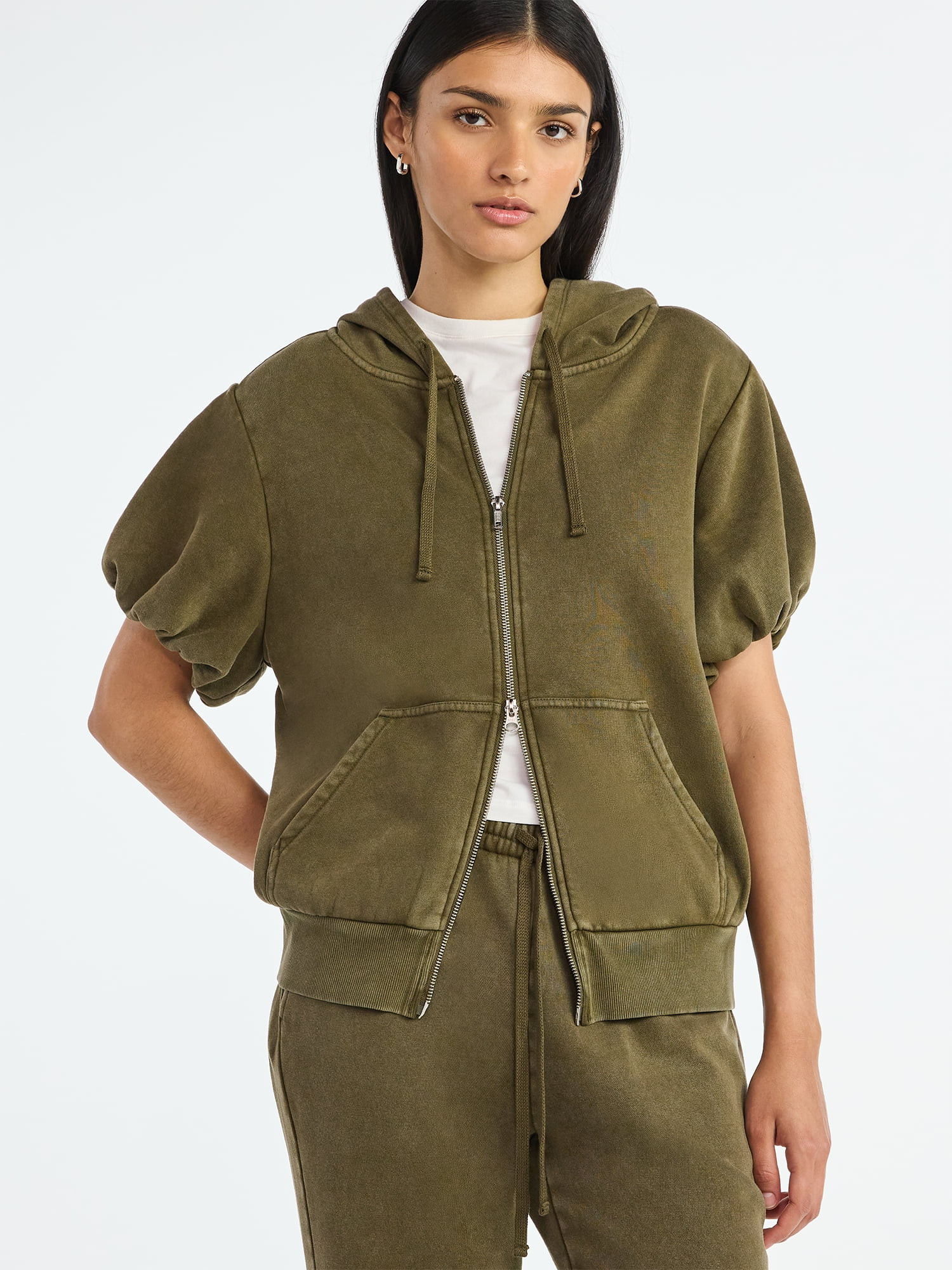 Scoop Women’s Mineral Washed Zip Hoodie with Short Puff Sleeves, Sizes XS-XXL | Walmart (US)