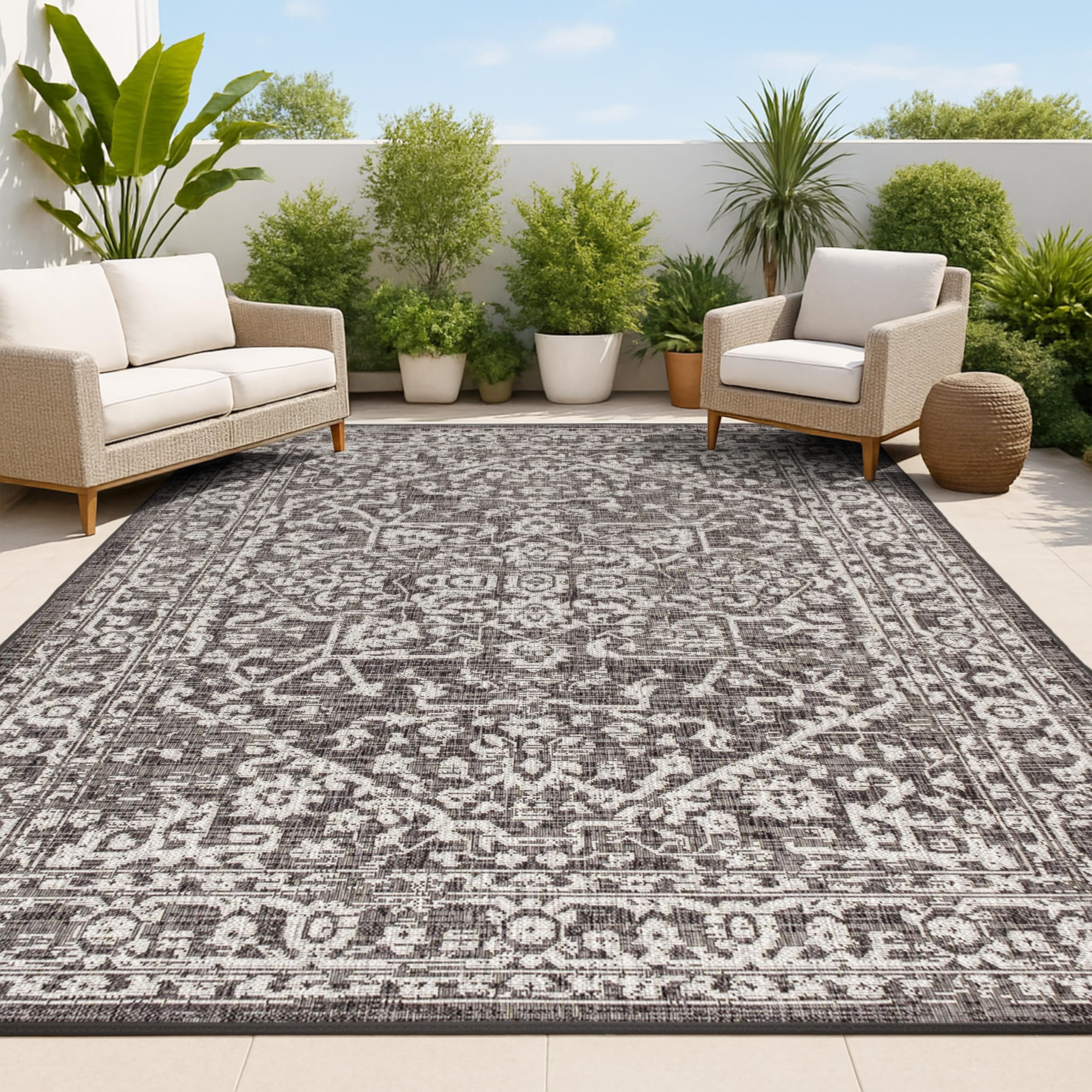 JONATHAN Y Boho Medallion Indoor Outdoor Area Rug 8X10 Black/Gray, Malta Textured Weave for Backy... | Amazon (US)