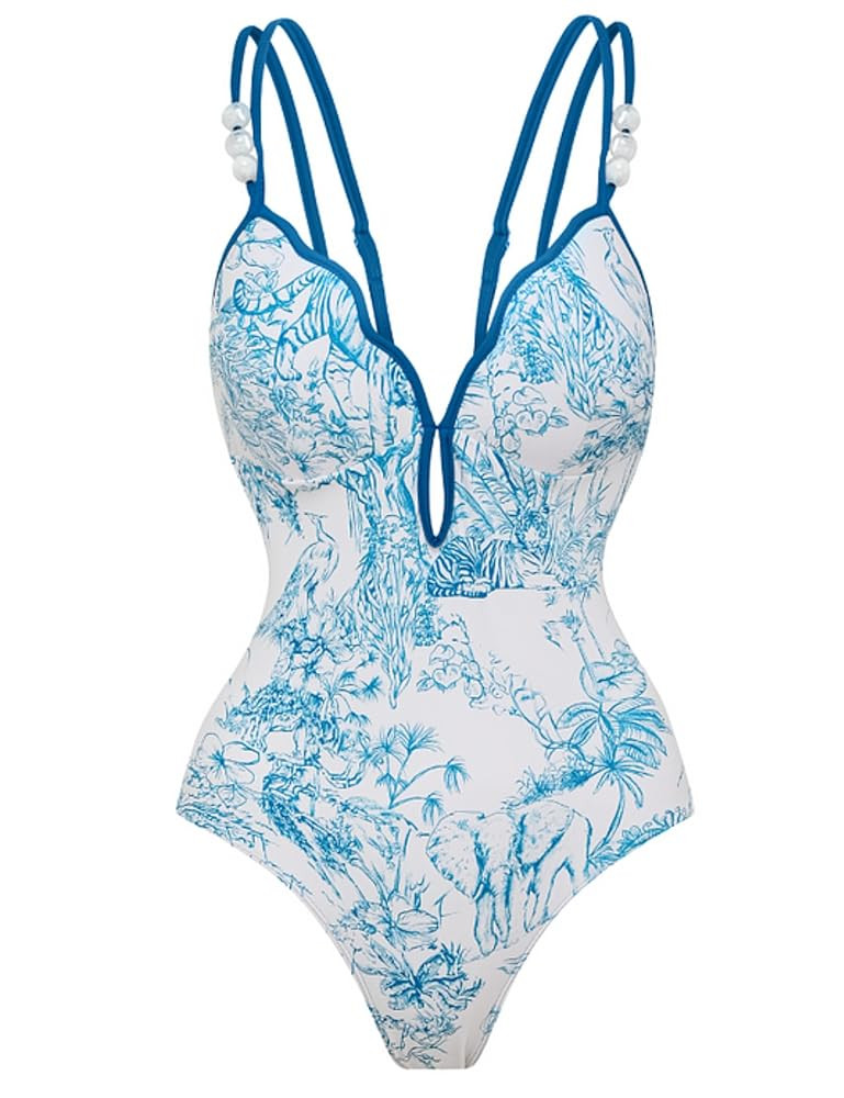 FLAXMAKER Women's One Piece Bathing Suit Deep V Neck Plants Print Retro Swimsuit | Amazon (US)