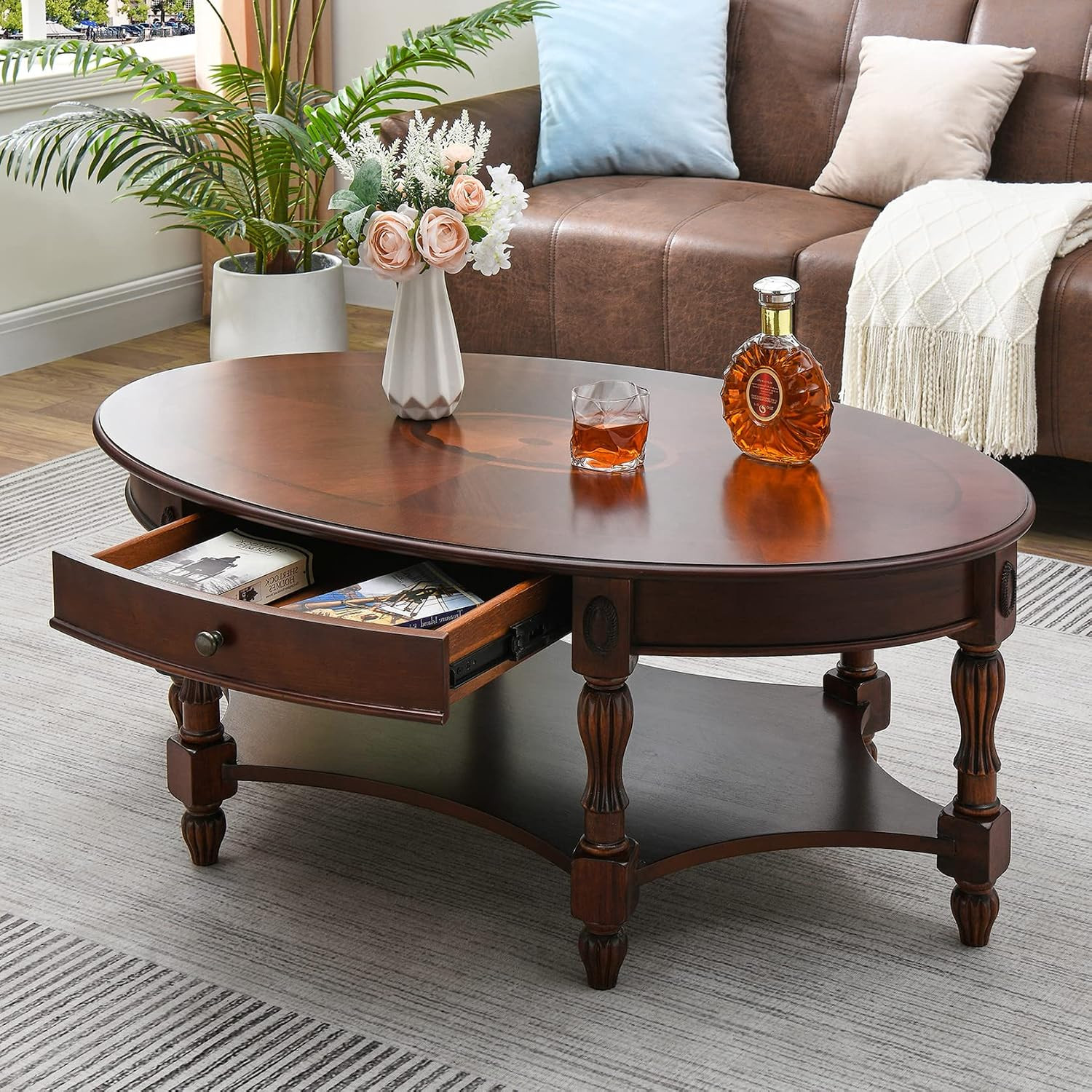 Solid Wood Coffee Table with Drawer and Storage Shelf, Traditional Living Room Cocktail Tea, Oval Center Carvings Side Vintage 46''Lx 29''Wx18.2''H Cherry Walnut KFZ1533WD-DR | Amazon (US)