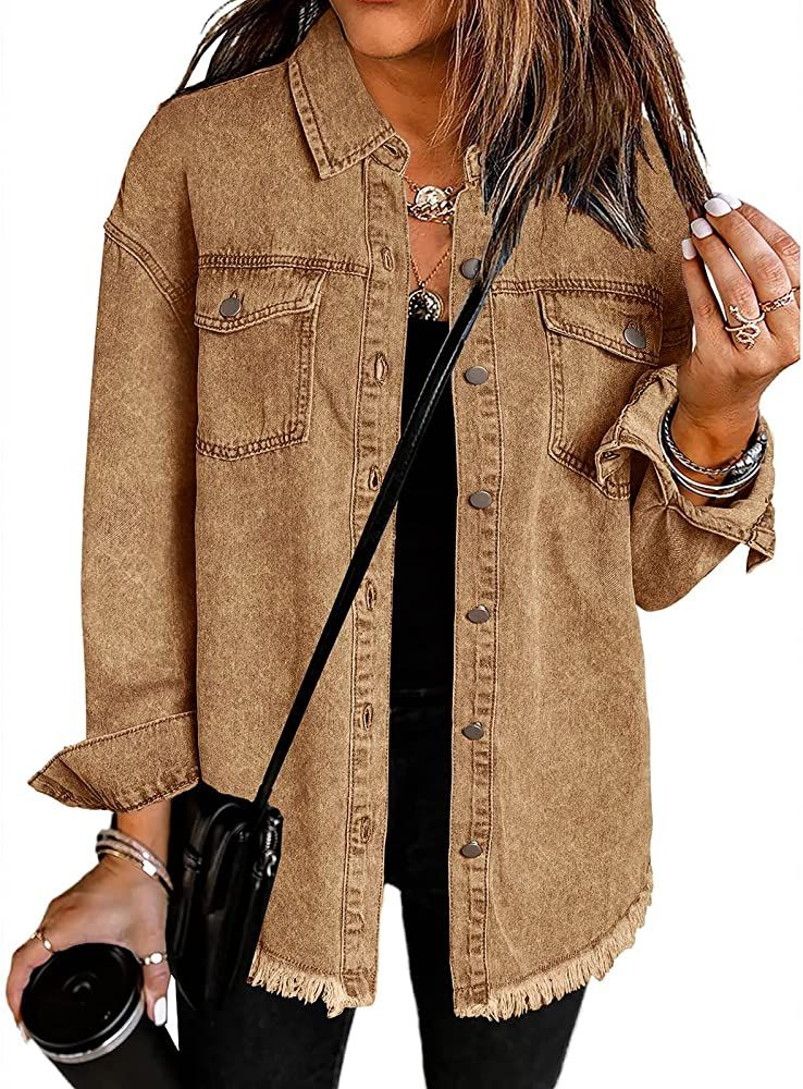Vetinee Women’s Oversized Button Up Frayed Hem Shacket Long Sleeve Pockets Denim Jean Jacket | Amazon (US)