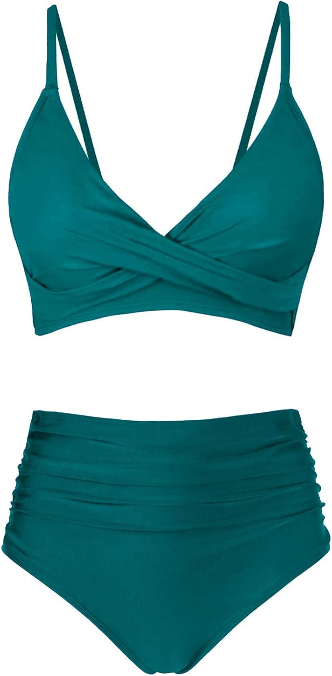 Women's High Waisted Bikini Sets Push Up Twist Front Spaghetti Straps Ruched Two Piece Swimsuit B... | Amazon (US)