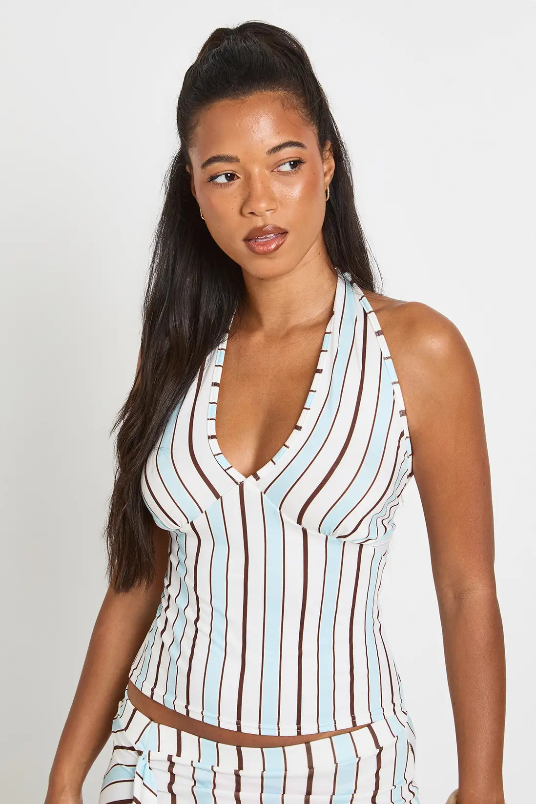 Baby Blue boohoo Striped Halterneck | PrettyLittleThing USA | PrettyLittleThing US