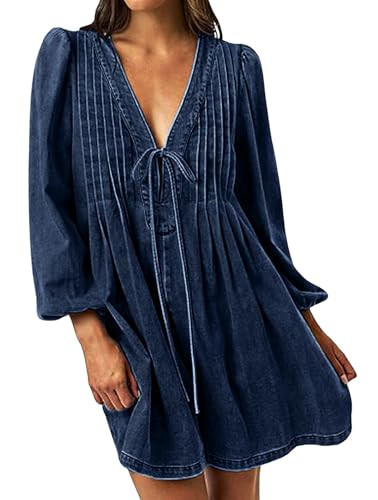 loveimgs Women Denim Jean Romper Overall Shorts Tie Front Pleated Romper Dress Deep V Neck Puff Sleeve Jumpsuit (Large,Dark Blue) | Amazon (US)