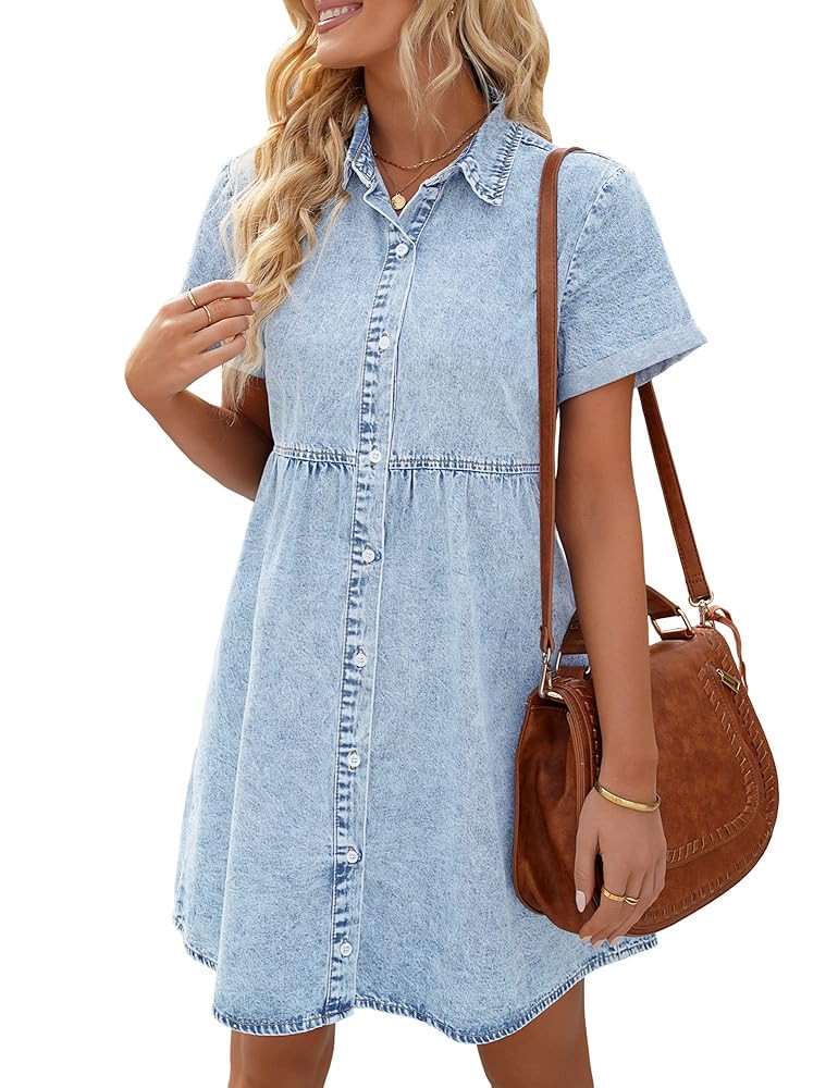 LookbookStore Women's Short Sleeve Button Down Flowy Tiered Babydoll Denim Dress | Amazon (US)