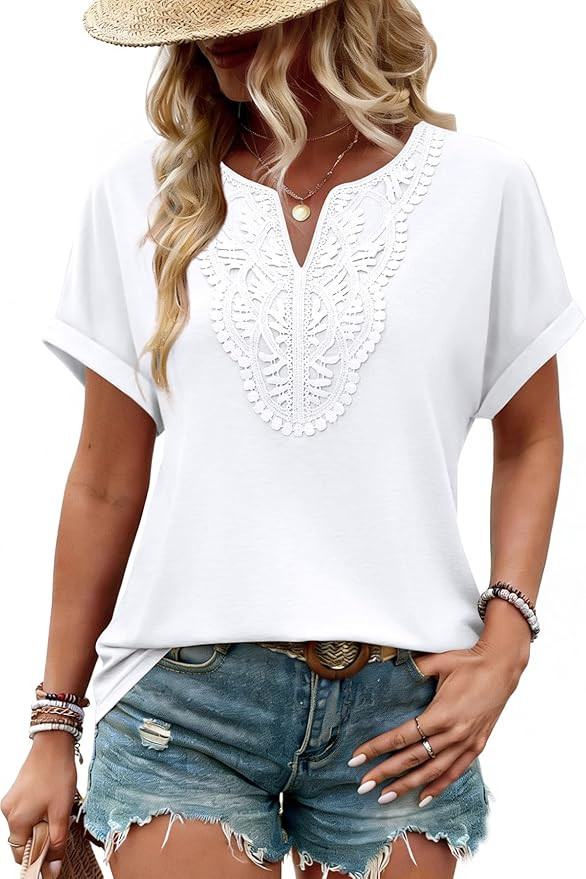 Sipaya Womens Blouses Dressy Casual Summer Shirts Short Sleeve Lace Front Boho Tunic Tops for Leg... | Amazon (US)