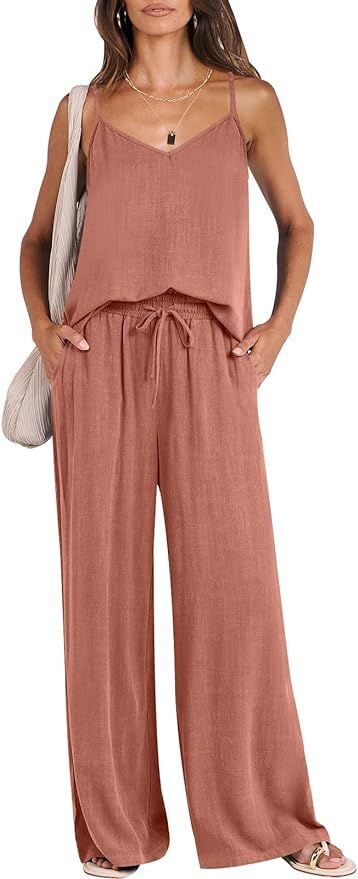ANRABESS Women's 2 Piece Outfits Linen Sleeveless Tops Drawstring Wide Leg Pants Matching Lounge ... | Amazon (US)