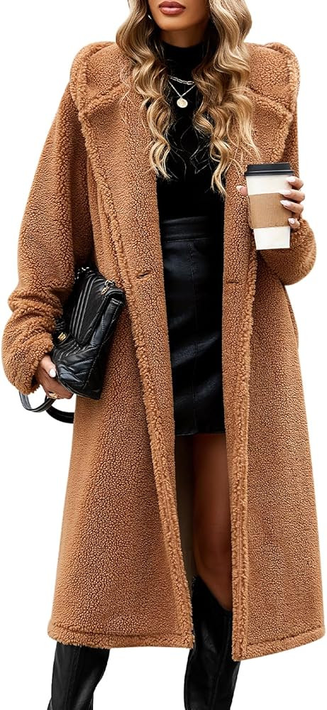 Women's Fuzzy Fleece Hooded Coat Winter Oversize Long Cardigan Jacket Warm Faux Fur Outwear with ... | Amazon (US)