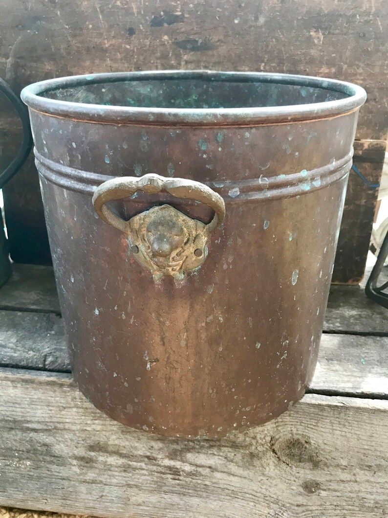Large Hammered Copper Planter with Brass Lion Head Handles | Rustic Copper Bucket | Copper Plante... | Etsy (US)