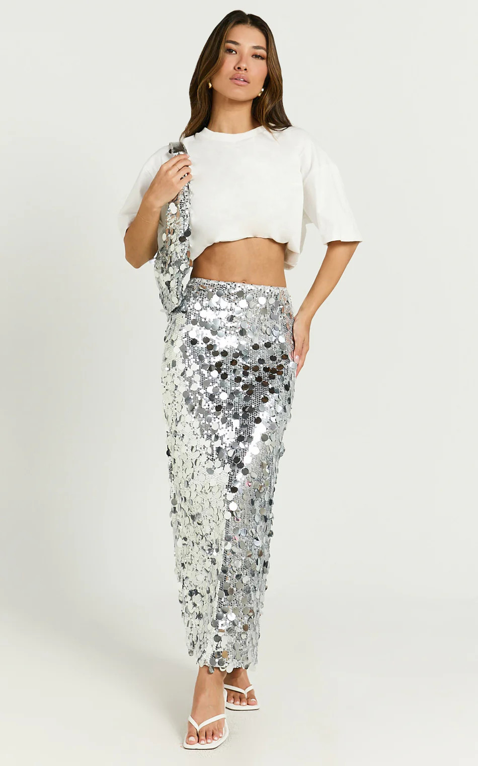 Sinclair Midi Skirt - Sequin Column Skirt in Silver | Showpo (US, UK & Europe)
