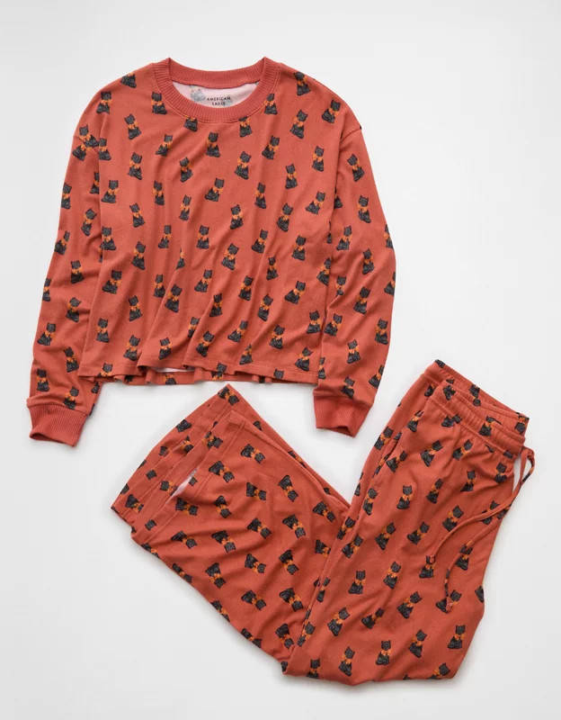 AE Luxe Plush Halloween Long-Sleeve & Pant PJ Set | American Eagle Outfitters (US & CA)