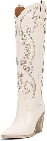 Womens Cowboy Knee High Boots Cowgirl Boots Western Boots with Embroidered Pointed Toe Chunky Hee... | Amazon (US)