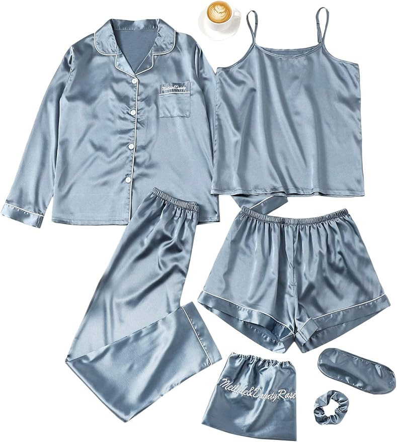 SheIn Women's 7pcs Pajama Set Cami Pjs with Shirt and Eye Mask | Amazon (US)