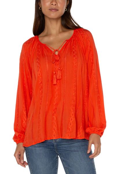 EMBROIDERED SHIRRED BLOUSE WITH NECK TIES | Liverpool Jeans