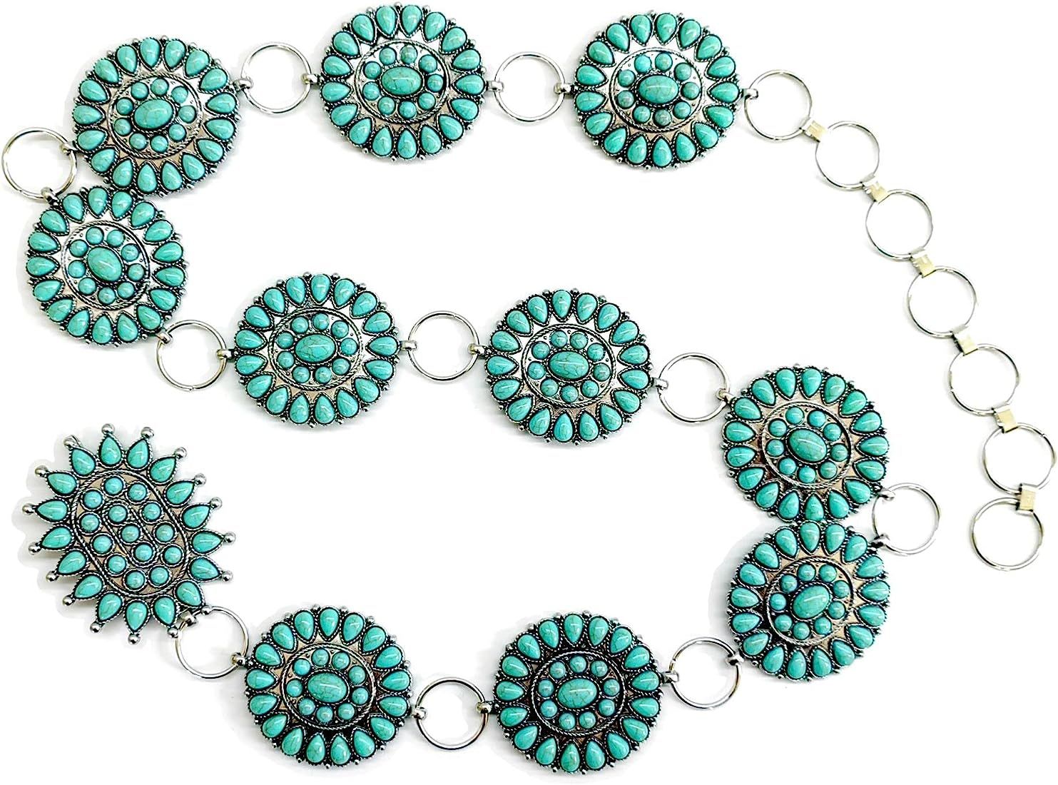 Women's Western Cowgirl Turquoise Stone Concho Metal Chain Belt 4 sizes S/M/L/XL | Amazon (US)