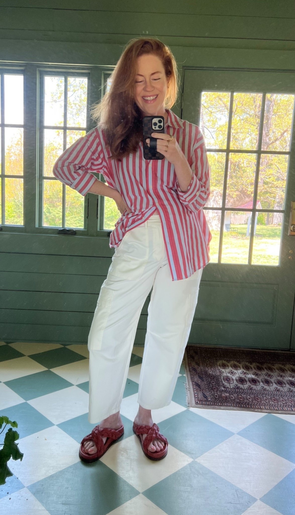 Tomato girl summer outfit!
• size medium oversized striped button up (in stores target)
• size 8 white cargos tts
• size 10 flats went up a 1/2 size 

#LTKStyleTip #LTKOver40 #LTKFindsUnder50