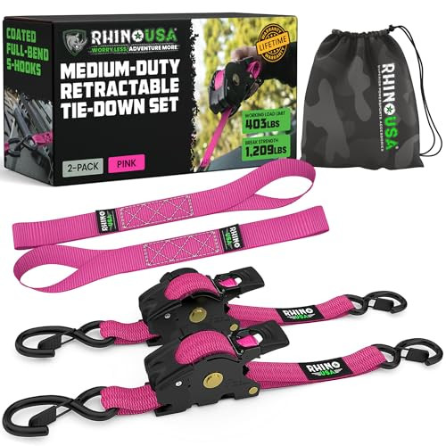 Rhino USA Retractable Ratchet Straps (2-Pack) - 1 Inch x 10 Feet (1,209lb Break Strength) - Auto Self Retracting Tie Down Straps for Truck, Cargo Trailer, Motorcycle, ATV, UTV - Pink | Amazon (US)