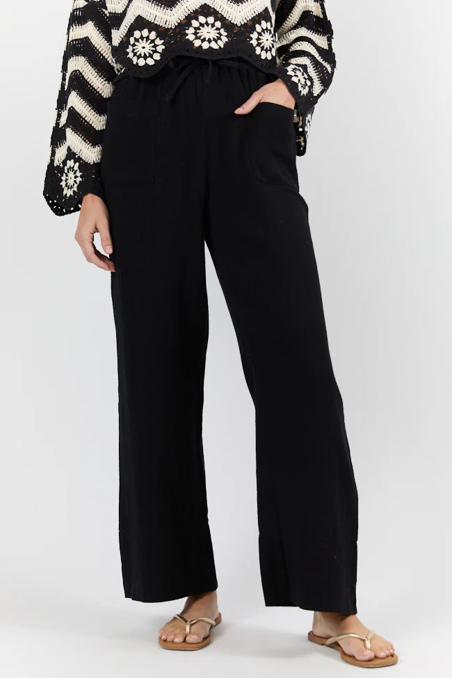In The Breeze Black Gauze Pull On Wide Leg Pants | Pink Lily