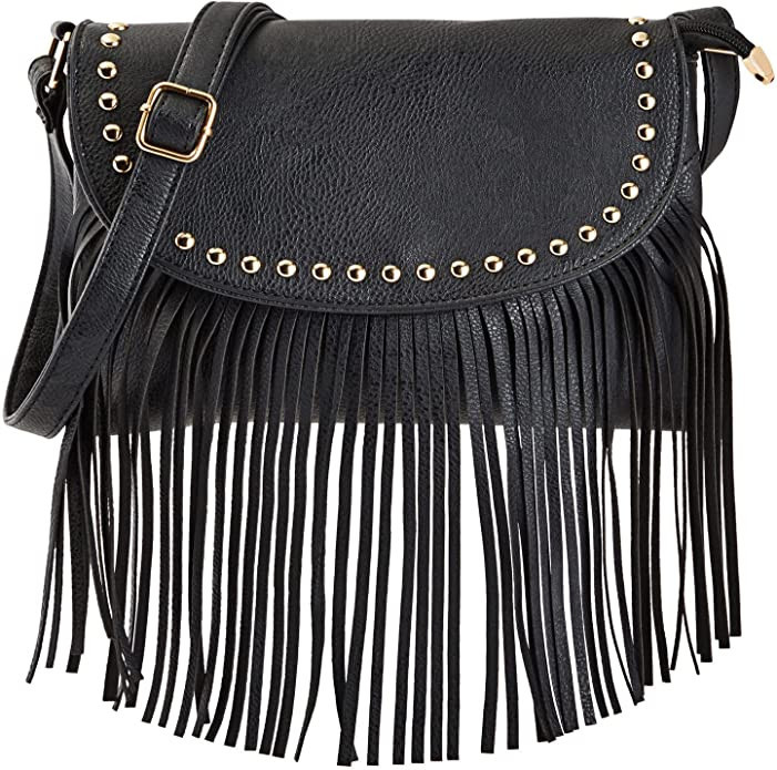 Black Fringe Purse for Women, Faux Leather Hippie Crossbody Bag (10.5 x 1.5 x 7.8 In) | Amazon (US)