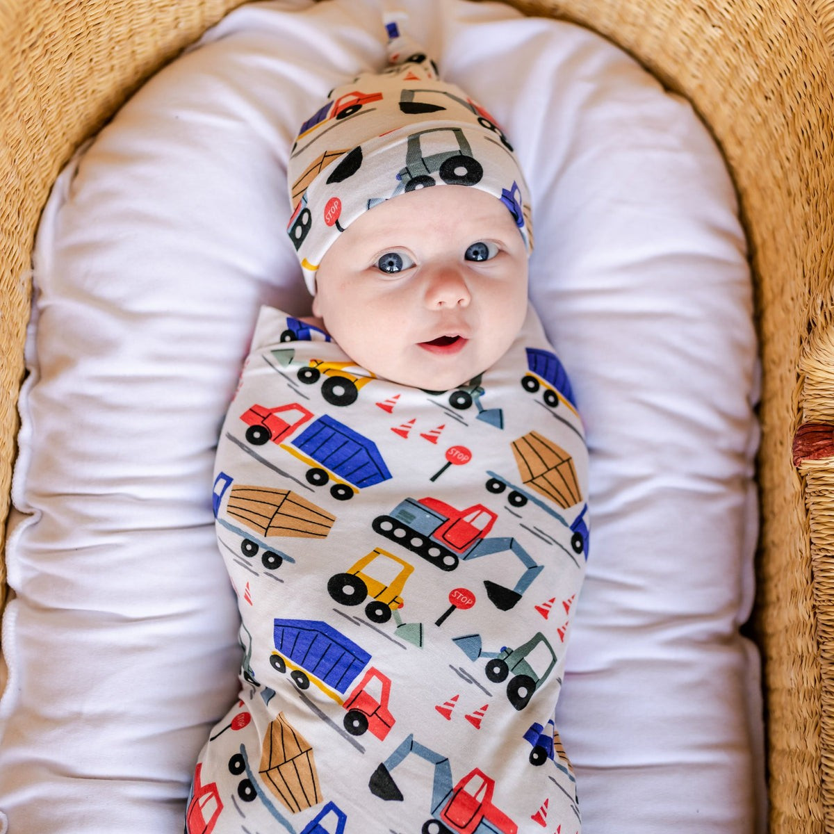 Construction Bamboo Viscose Swaddle + Hat Set | Little Sleepies