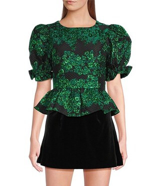 Elyna Alena Heart Cut Out Crew Neck Short Puff Sleeve Jacquard Blouse | Dillard's