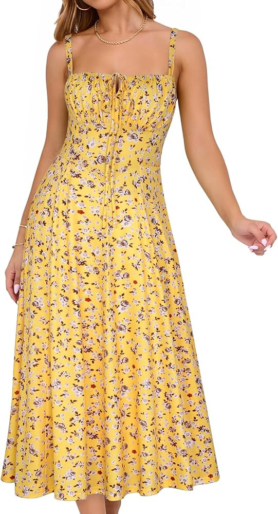 YATHON Women's Summer Midi Corset Boho Dresses Fall Casual Floral Spaghetti Straps Lace Up Dress ... | Amazon (US)