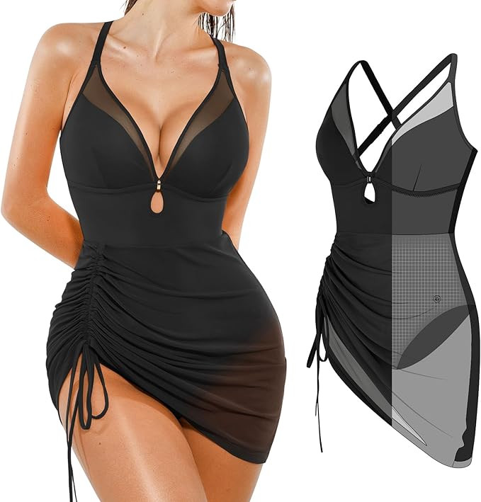 Popilush Swim Dress for Women One Piece Swimsuits Tummy Control Slimming Mesh Sheer Sarong Wraps ... | Amazon (US)