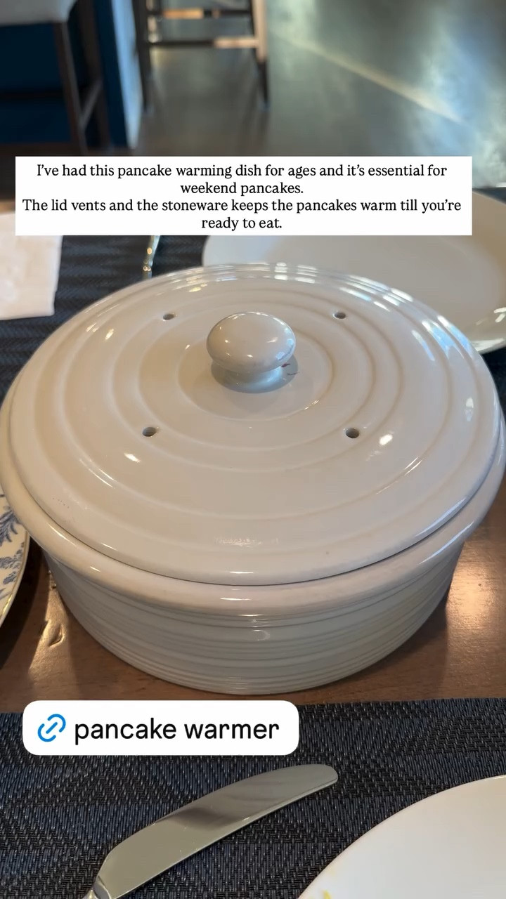 I’ve had this pancake warming dish for ages and it’s essential for weekend pancakes. 
The lid vents to keep the pancakes firm and the stoneware keeps the pancakes warm till you’re ready to eat. @Crate & Barrel 

Cookware, cooking favorites, kitchenware 

#LTKfoodie #LTKHome