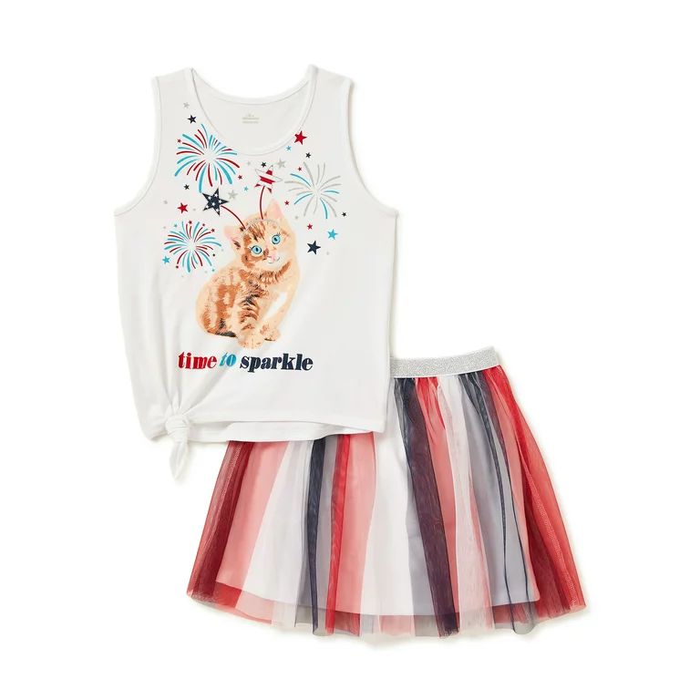 Girls July 4th Patriotic Tank Top and Skirt, 2-Piece Outfit Set, Sizes 4-18 | Walmart (US)