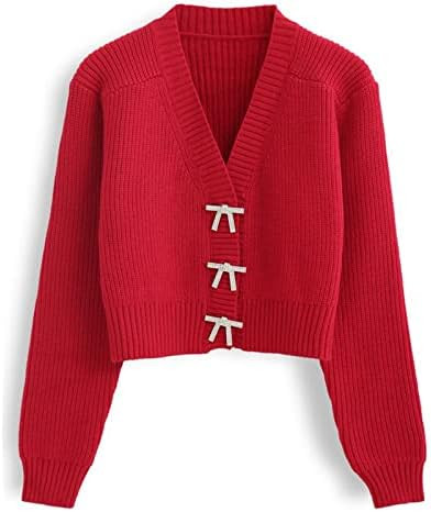 CHICWISH Women Crop Cardigan Sweaters Bowknot Brooch Button Knit Cardigans Open Front Long Sleeve... | Amazon (US)