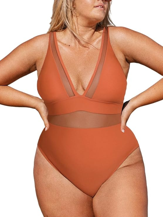 CUPSHE Women Plus Size One Piece Swimsuit V Neck Mesh Sheer Tummy Control Bathing Suit with Adjus... | Amazon (US)