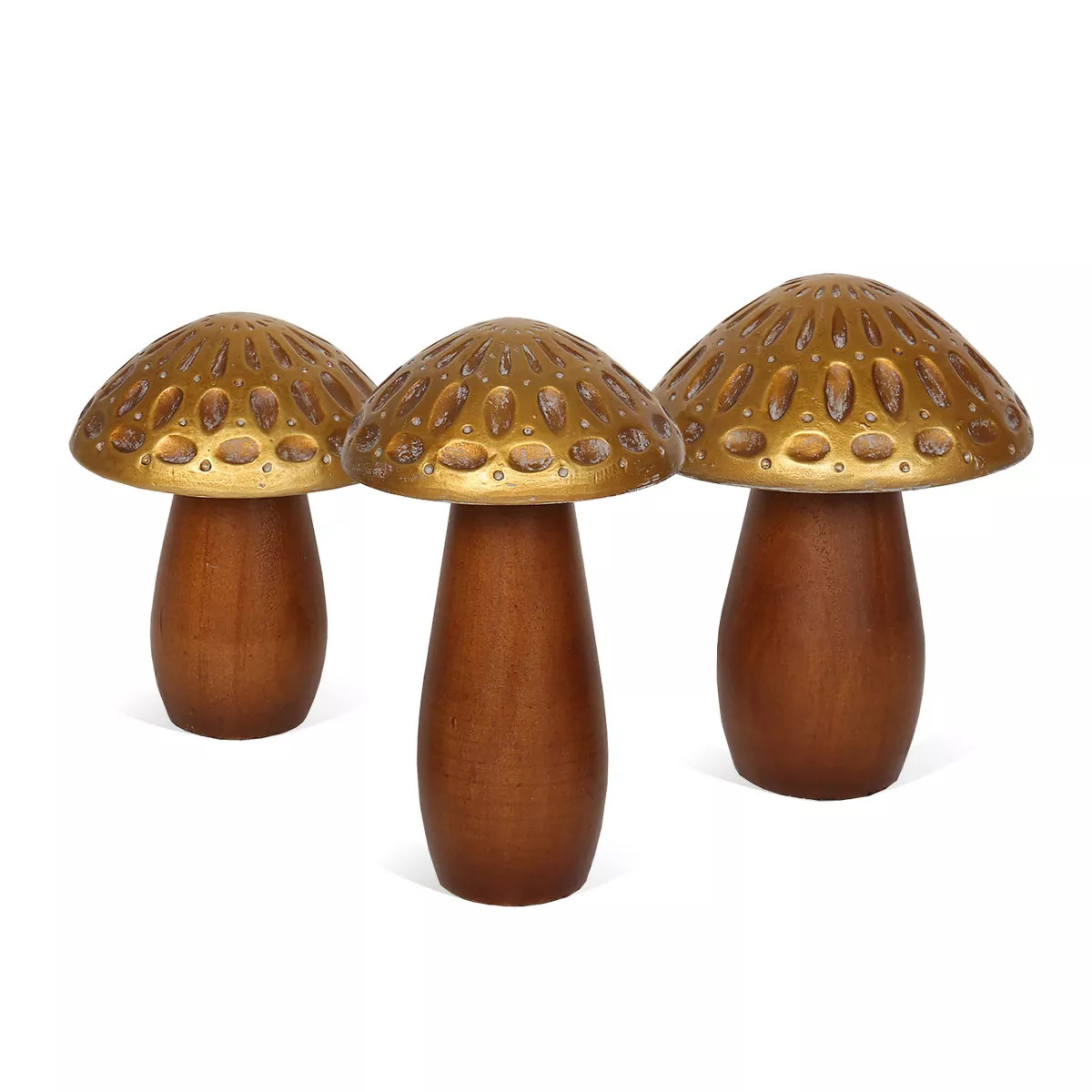 HomeRoots Set of Three Brown And Gold Wood Mushroom Tabletop Sculptures | Target