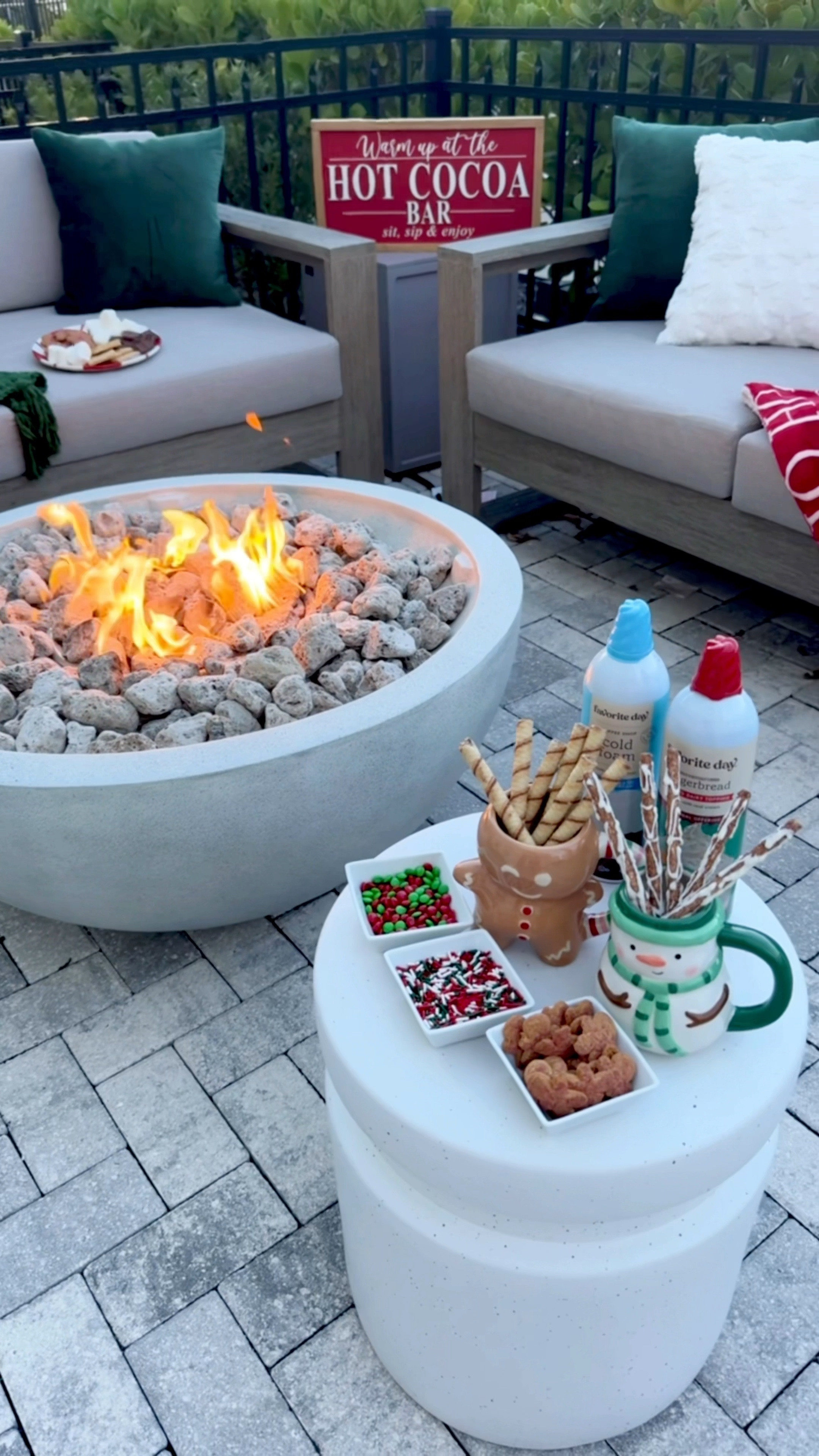 Cozy Christmas Vibes on the Patio! We set up a Hot Chocolate Station for a holiday/ winter date night. This would also be cute when hosting a holiday party! 

We love outdoor furniture and fire pit. We made the space extra cozy with holiday decor and Christmas blankets + pillows  

#LTKHoliday #LTKSeasonal #LTKHome