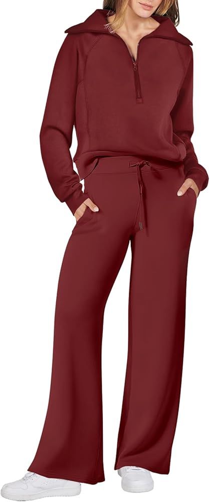 ANRABESS Women 2 Piece Outfits Sweatsuit Set 2023 Fall Oversized Half Zip Sweatshirt Wide Leg Swe... | Amazon (US)