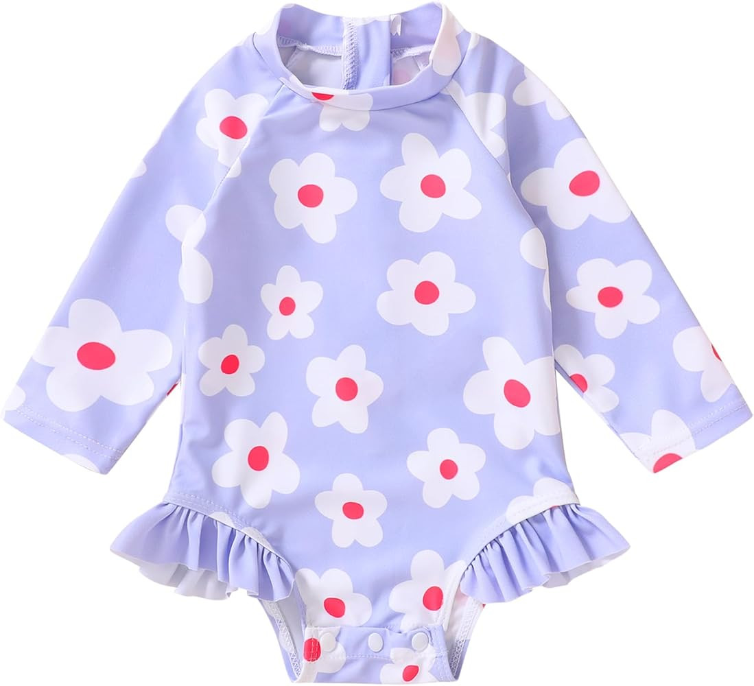 YOUNGER TREE Baby Swimsuit Girl Long Sleeve Ruffle Zipper Rash Guard Infant One Piece Swimwear To... | Amazon (US)