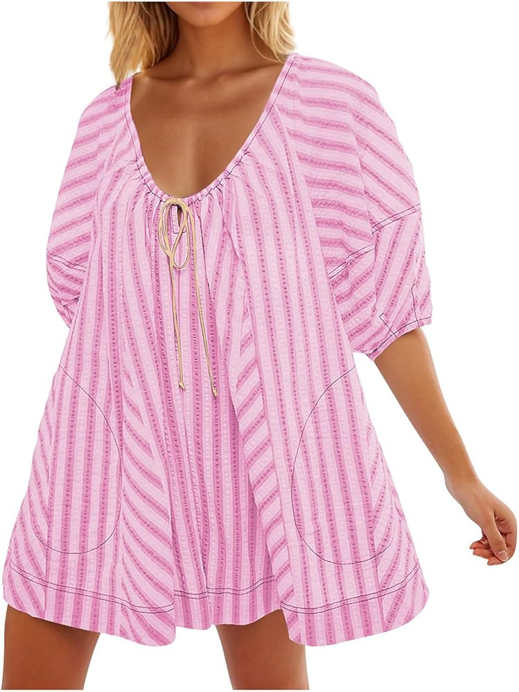 Striped Dresses for Women 2024 V Neck Summer Dress with Pockets Womens Plus Size Dresses Loose Fi... | Amazon (US)