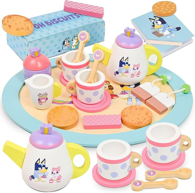 8th Wonder Bluey Toys Wooden Tea Party Set, 18-Piece Durable Toy Tea Set with Tray, Teapot, Teasp... | Amazon (US)