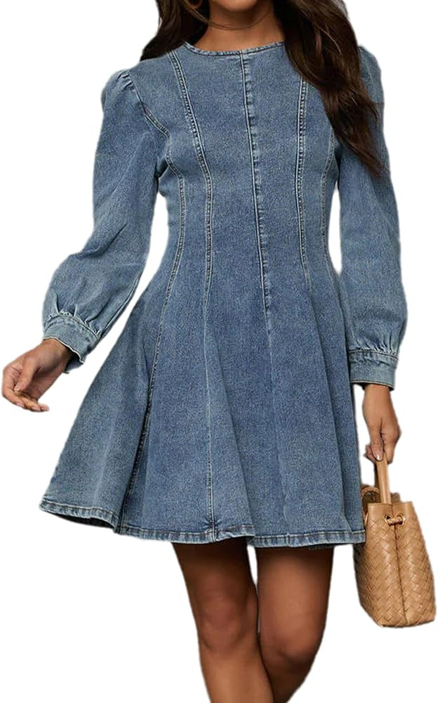 Conshvi Denim Shirt Dress for Women Long Sleeve Crewneck Denim Dress 2024 Fall Cute A Line Mini S... | Amazon (US)