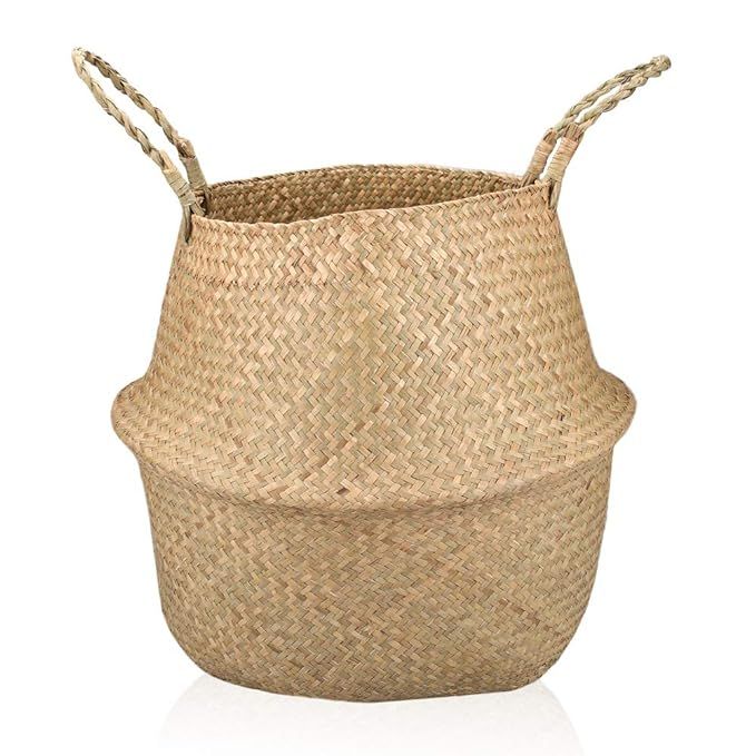 Yeahmart Large Natural Seagrass Belly Basket, Woven Tote Storage Laundry Baskets Dual Handles, Fl... | Amazon (US)