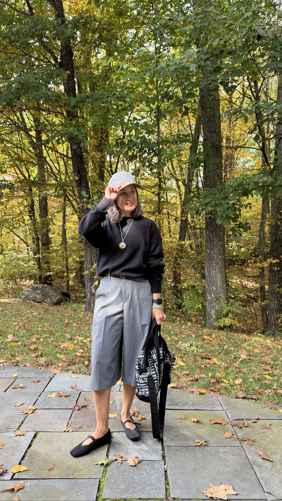 Casual styling of my Uniqlo culottes ~ with a simple black sweater and Mary Jane flats. Tote bag and baseball hat to accessorize.