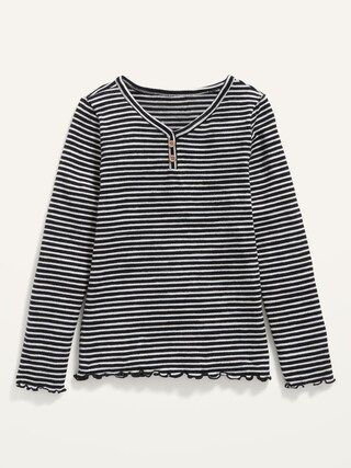 Cozy Striped Slub-Knit Lettuce-Edge Henley T-Shirt for Girls | Old Navy (US)