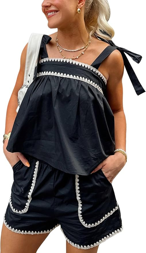 Womens Summer Boho Wide Strap Tank Tops Shorts Matching Sets | Contrast Embroidery Scalloped Trim... | Amazon (US)