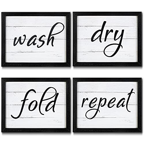 4 Pieces Funny Laundry Signs Wash, Dry, Fold, Repeat Sign Funny Laundry Room Wall Art Signs Framed Rustic Farmhouse Hanging Wood Wall Decor for Home Laundry Bathroom, 10 x 8 Inch (Black) | Amazon (US)