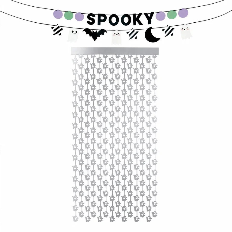Spooky Bats and Ghosts Fringe Door Decoration, Silver and Black, Halloween by Way To Celebrate | Walmart (US)