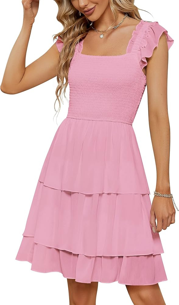 YATHON Smocked Ruffle Short Mini Dress for Women Square Neck Flowy Sleeveless Tiered Party Weddin... | Amazon (US)