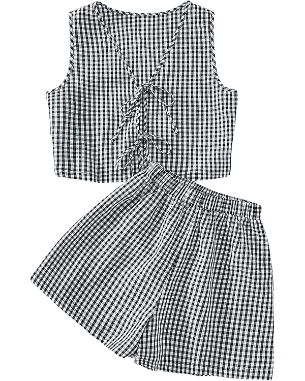 SOLY HUX Women's Summer 2 Piece Outfits Plaid Print Sleeveless Tie Front Tank Top Vest Shorts Bea... | Amazon (US)