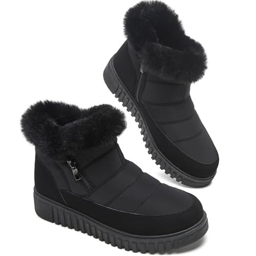 kufeiti Women's Waterproof Fall Winter Snow Boots Platform Fur Lined Ankle Boots for Women with Side Zipper Non Slip Outdoor Work Boots(Black, US11) | Amazon (US)