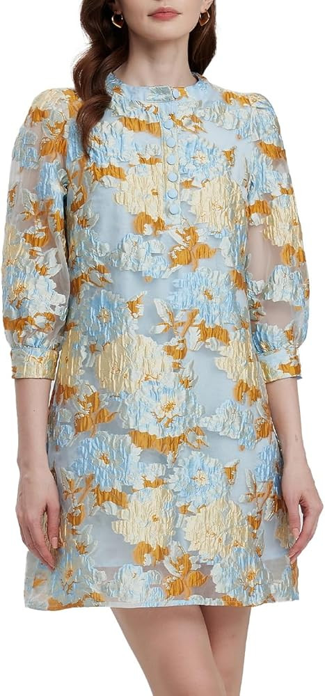 D-Sun Women's Floral Jacquard Dress Crewneck 3/4 Sleeve 3D Embroidered Slim Mini Dress Button Dow... | Amazon (US)