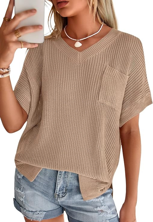 PRETTYGARDEN Womens Summer Sweaters, Short Sleeve V Neck Loose Fit Knit Top with Pocket, Versatil... | Amazon (US)