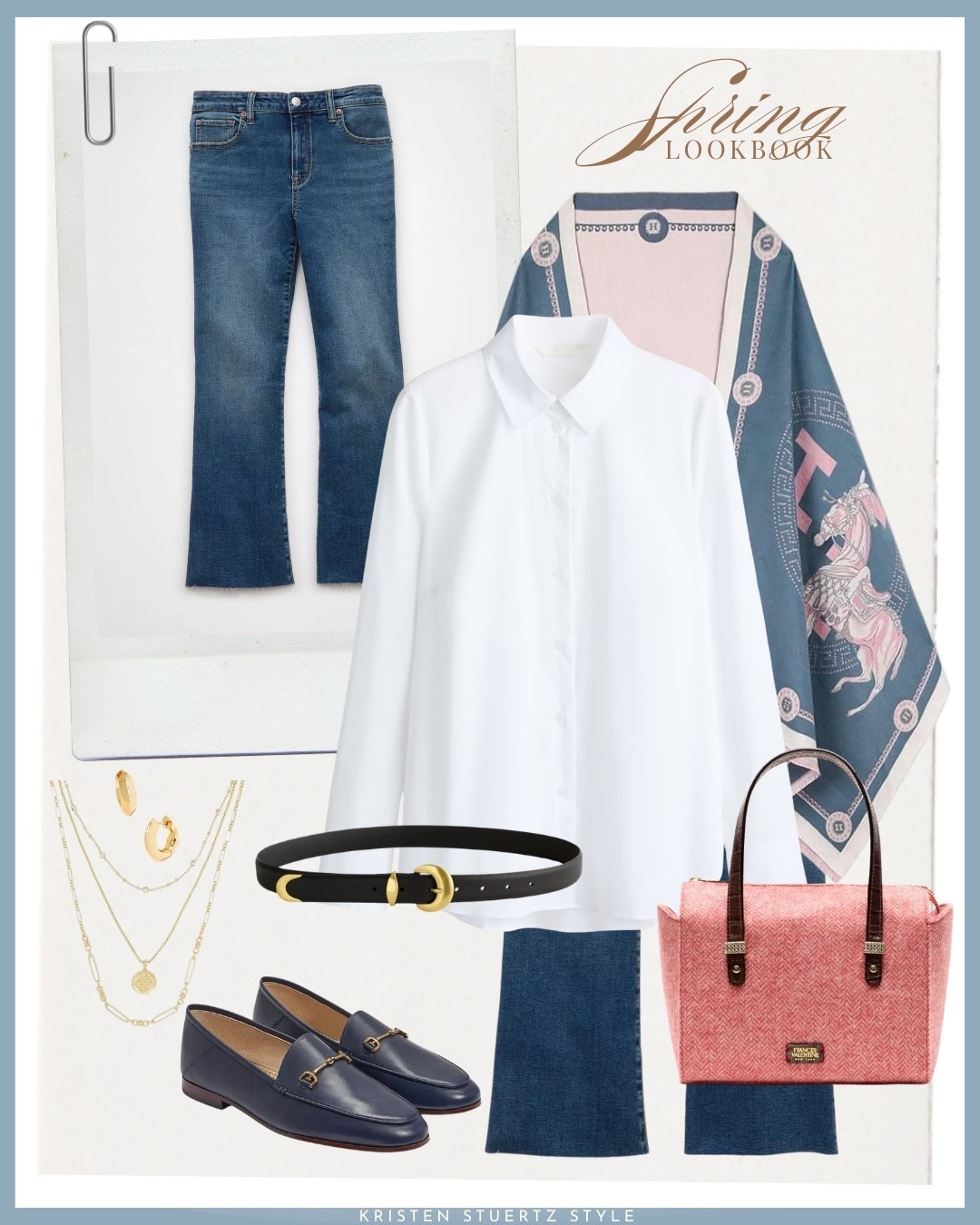 A casual spring outfit. A pashmina paired with a collared white shirt, waist belt, cropped jeans, loafers, and a Frances Valentine bag. 

#business casual workwear #work outfits #spring outfits @ltk 

#LTKOver40 #LTKTall #LTKWorkwear